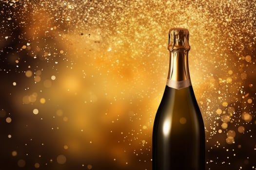 AI Generated Creative Christmas New Year blurred background golden glittering shiny champagne sparkling wine alcohol bottle confetti holidays celebration. Party anniversary cheering greeting photo