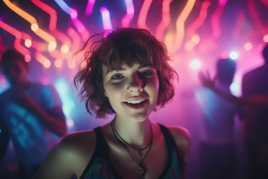 AI generated Portrait of a beautiful girl with short hair dancing in a nightclub photo