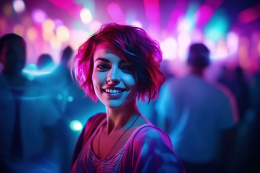 AI generated Portrait of a beautiful girl with short hair dancing in a nightclub photo