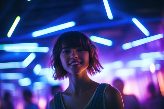 AI generated Portrait of a beautiful girl with short hair dancing in a nightclub photo
