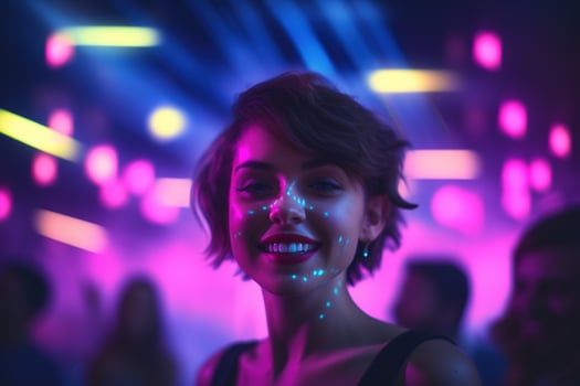 AI generated Portrait of a beautiful girl with short hair dancing in a nightclub photo