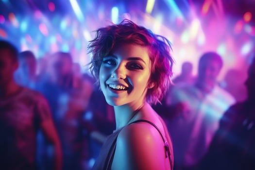 AI generated Portrait of a beautiful girl with short hair dancing in a nightclub photo