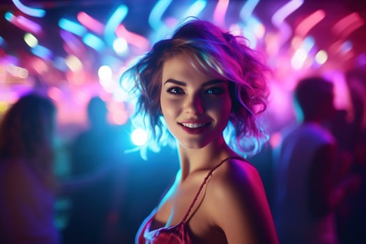 AI generated Portrait of a beautiful girl with short hair dancing in a nightclub photo