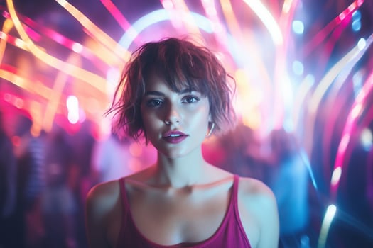 AI generated Portrait of a beautiful girl with short hair dancing in a nightclub photo