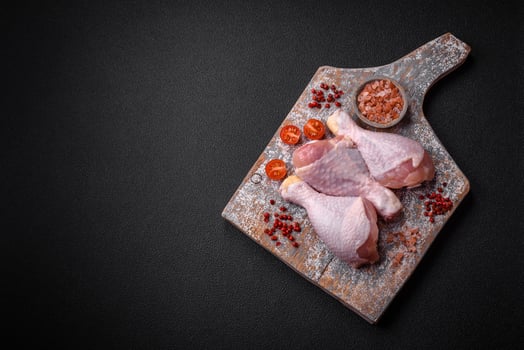 Raw chicken legs with salt, spices and herbs on a dark concrete background photo