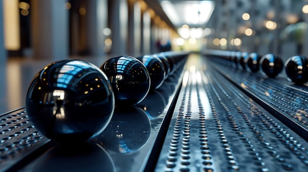 AI generated Reflective Black Spheres in a Row on a Perforated Metal Surface photo