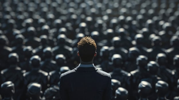AI generated A man in business attire, standing with a look of quiet resolve amidst a sea of faceless, uniform figures. Individuality versus conformity concept photo