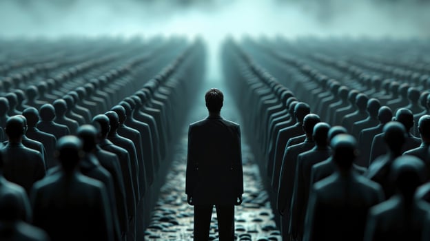 AI generated A man in business attire, standing with a look of quiet resolve amidst a sea of faceless, uniform figures. Individuality versus conformity concept photo