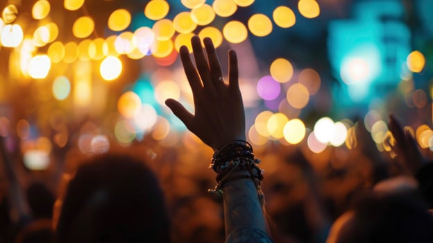 AI generated Hand raising with blur crowd people, Discuss suggestion concepts or voting in council meeting cooperation of democracy. photo