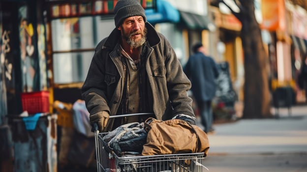 AI generated Desperate homeless man carries shopping cart with his belongings photo