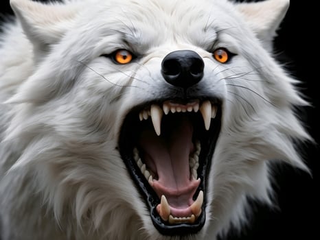 AI generated Close-up of a fierce white wolf roaring against a black background photo