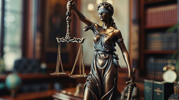 AI generated Lady of Justice Statue Blindfolded Guardian. In a Lawyers Office, Exemplifying the Pursuit of Truth and Justice photo