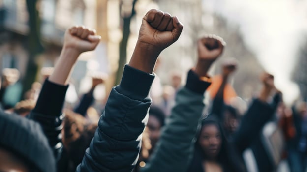 AI generated Multi-ethnic people raise their fists up in the air in a protest. photo