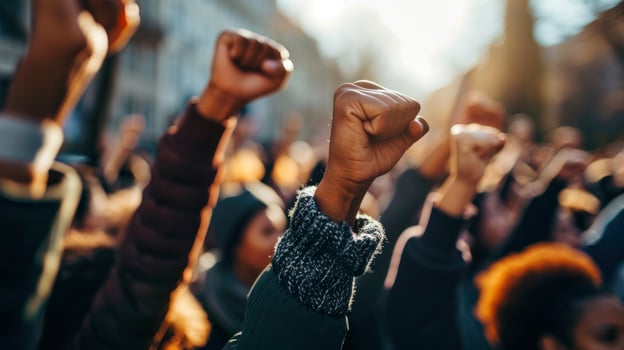 AI generated Multi-ethnic people raise their fists up in the air in a protest. photo