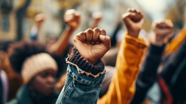 AI generated Multi-ethnic people raise their fists up in the air in a protest. photo