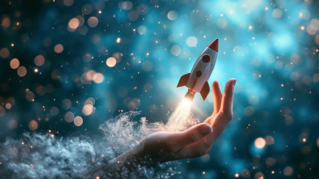 AI generated Cosmic Exploration. Space Rocket Launching from Womans Hand against Blue Blurry Background photo