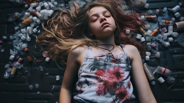 AI generated Young girl addicted to opiates lying on the street - modern fentanyl epidemic concept photo