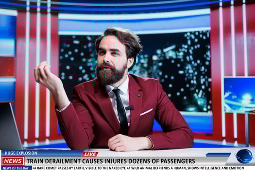 Journalist reading events headlines on train derailment disaster caused by explosion, passengers hurt or killed. Live broadcaster addresses dangerous accident producing victims, talk show. photo