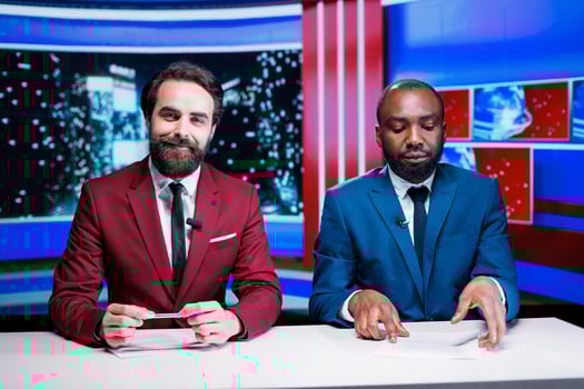 Newscasters team hosting night show in newsroom, debating important events worldwide for television content. Diverse presenters broadcasting live discussion, entertainment segment. photo