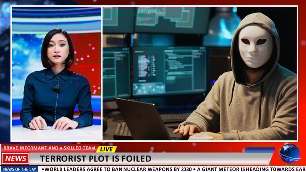Asian reporter talks about cyber attacks, IT technicians solving terrorist malware danger before stealing official secret information. Woman newscaster covers relevant news topics. photo
