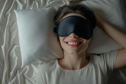 AI generated Beautiful young woman in sleep mask lying in bed at home. photo