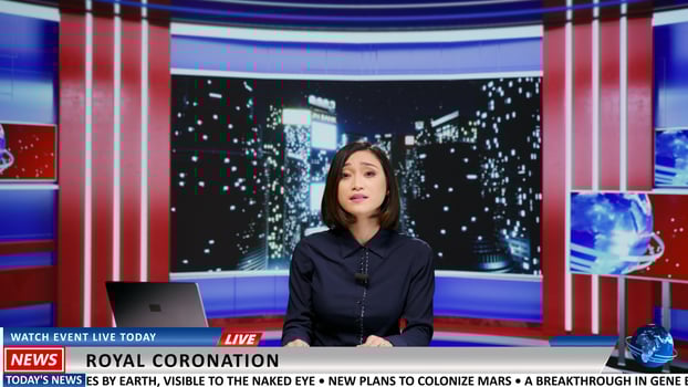 TV broadcaster talks about royal coronation and presents important event followed by people worldwide. Asian presenter going live on tv program to introduce new king, late night monarchy news. photo