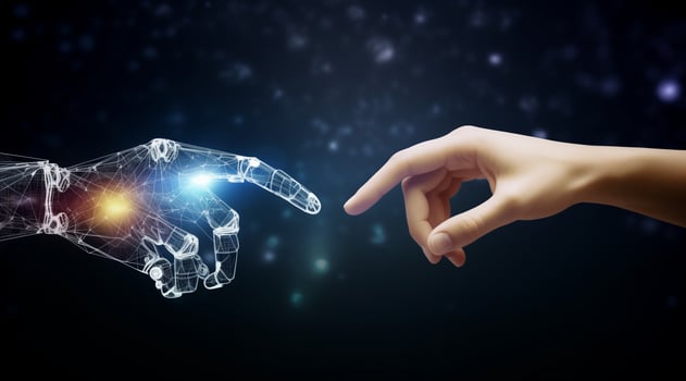 AI generated Conceptual Human-Robot Hand Touch Representing Technological Unity photo