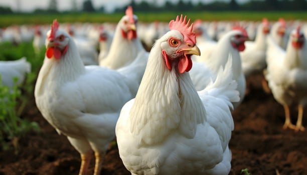AI generated Majestic ecological chicken on a spacious domestic farm with chickens freely roaming at the factory photo