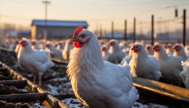 AI generated Beautiful ecological chicken in a spacious domestic farm with a glimpse of chickens at the factory photo