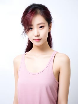 AI generated Portrait of young Japanese woman wearing tank top, thin body, shiny skin, beautiful eyes, pink lips, rosy cheeks makeup, AI Generative photo