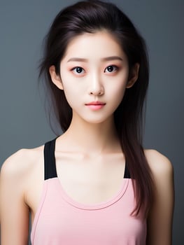 AI generated Portrait of young Japanese woman wearing tank top, thin body, shiny skin, beautiful eyes, pink lips, rosy cheeks makeup, AI Generative photo