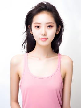 AI generated Portrait of young Japanese woman wearing tank top, thin body, shiny skin, beautiful eyes, pink lips, rosy cheeks makeup, AI Generative photo