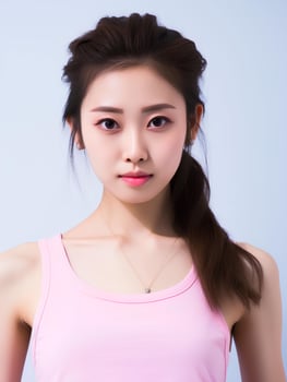 AI generated Portrait of young Japanese woman wearing tank top, thin body, shiny skin, beautiful eyes, pink lips, rosy cheeks makeup, AI Generative photo