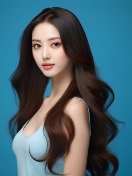 AI generated Young beauty japanese woman long straight hair with Korean style makeup and perfect clean skin on isolated blue background, AI Generative photo