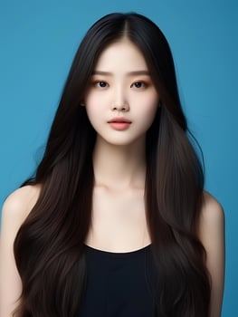 AI generated Young beauty japanese woman long straight hair with Korean style makeup and perfect clean skin on isolated blue background, AI Generative photo