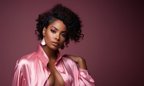 AI generated Beautiful African American woman dressed in pink with curly hairstyle and makeup. photo