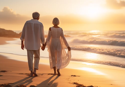 AI generated Couple walking hand in hand on the beach at sunset photo