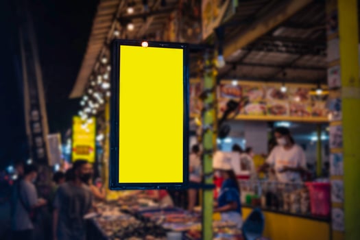 Yellow mock up sign in front of local fresh market of buffet store photo