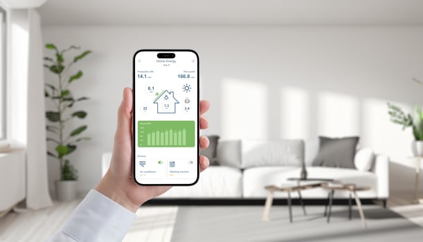 Hand holds phone displaying solar energy app in a cozy living room, effortlessly manage and monitor green power for sustainable living photo