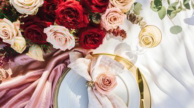 AI generated Wedding and event celebration tablescape with flowers, formal dinner table setting with roses and wine, elegant floral table decor for dinner party and holiday decoration, home styling photo