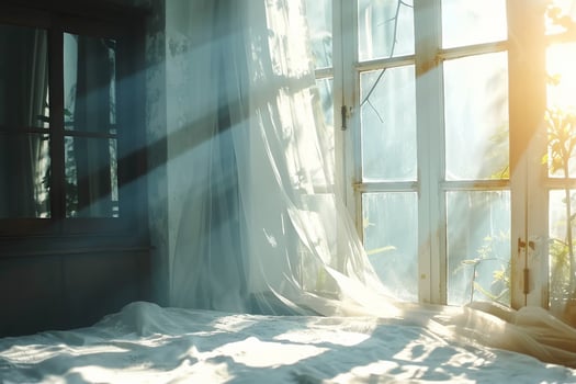 AI generated wind blows through the open window in the room. Waving white tulle near the window. Morning sun lighting the room, shadow background overlays. generative ai. photo
