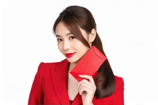 AI generated a woman in a traditional chinese dress holding a red envelope photo