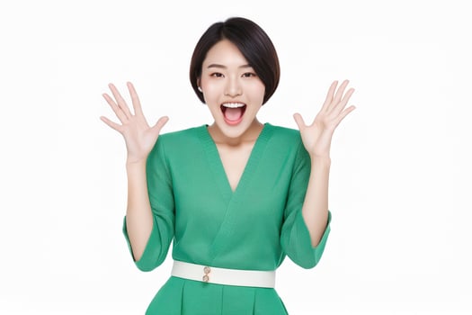 AI generated a woman in a green dress is making a shock face photo