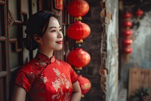 AI generated Image of a young Asian woman wearing a red dress at the Chinese New Year festival photo