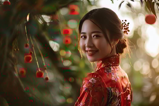AI generated Image of a young Asian woman wearing a red dress at the Chinese New Year festival photo