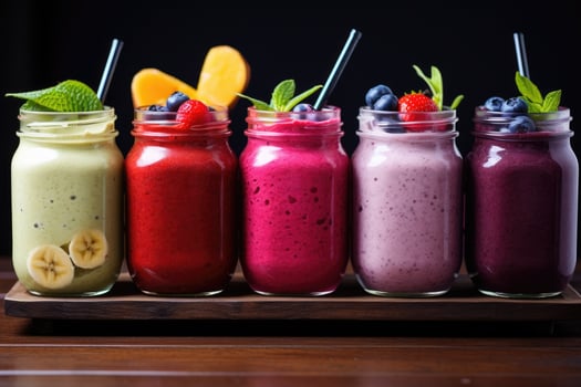AI generated Fresh Fruit Smoothies In Glass Jars,Colorful smoothies in glass jars on a windowsill, with fruits in the foreground, AI generated photo