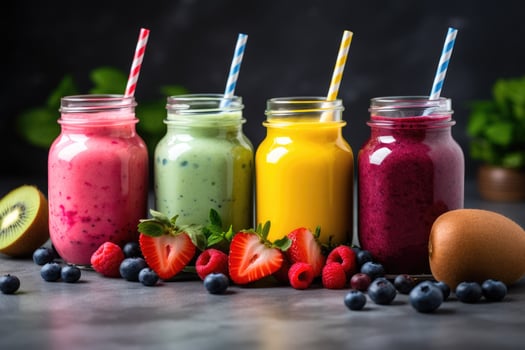 AI generated Fresh Fruit Smoothies In Glass Jars,Colorful smoothies in glass jars on a windowsill, with fruits in the foreground, AI generated photo