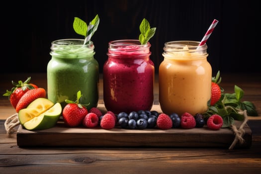 AI generated Fresh Fruit Smoothies In Glass Jars,Colorful smoothies in glass jars on a windowsill, with fruits in the foreground, AI generated photo