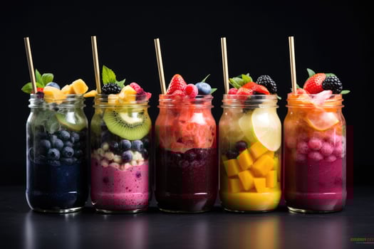 AI generated Fresh Fruit Smoothies In Glass Jars,Colorful smoothies in glass jars on a windowsill, with fruits in the foreground, AI generated photo