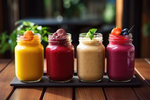 AI generated Fresh Fruit Smoothies In Glass Jars,Colorful smoothies in glass jars on a windowsill, with fruits in the foreground, AI generated photo